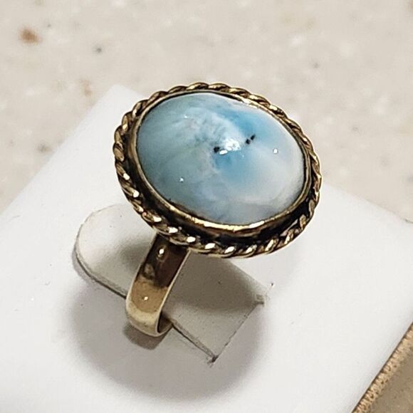 Larimar Size 6 Ring Ocean Sky Blue Cabochon Vintage Sterling Silver Rope Edging - Picture 11 of 12